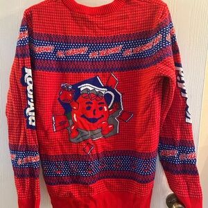 Red Crewneck Sweater with Bold Navy Stripes and Graphic Design